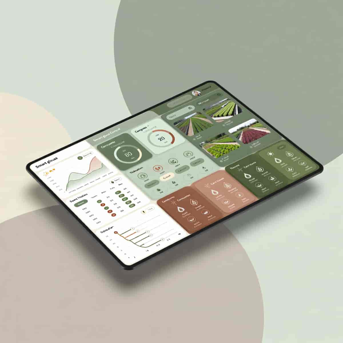 Isometric UI/UX mockup of a smart greenhouse control dashboard showing real-time climate graphs, hum