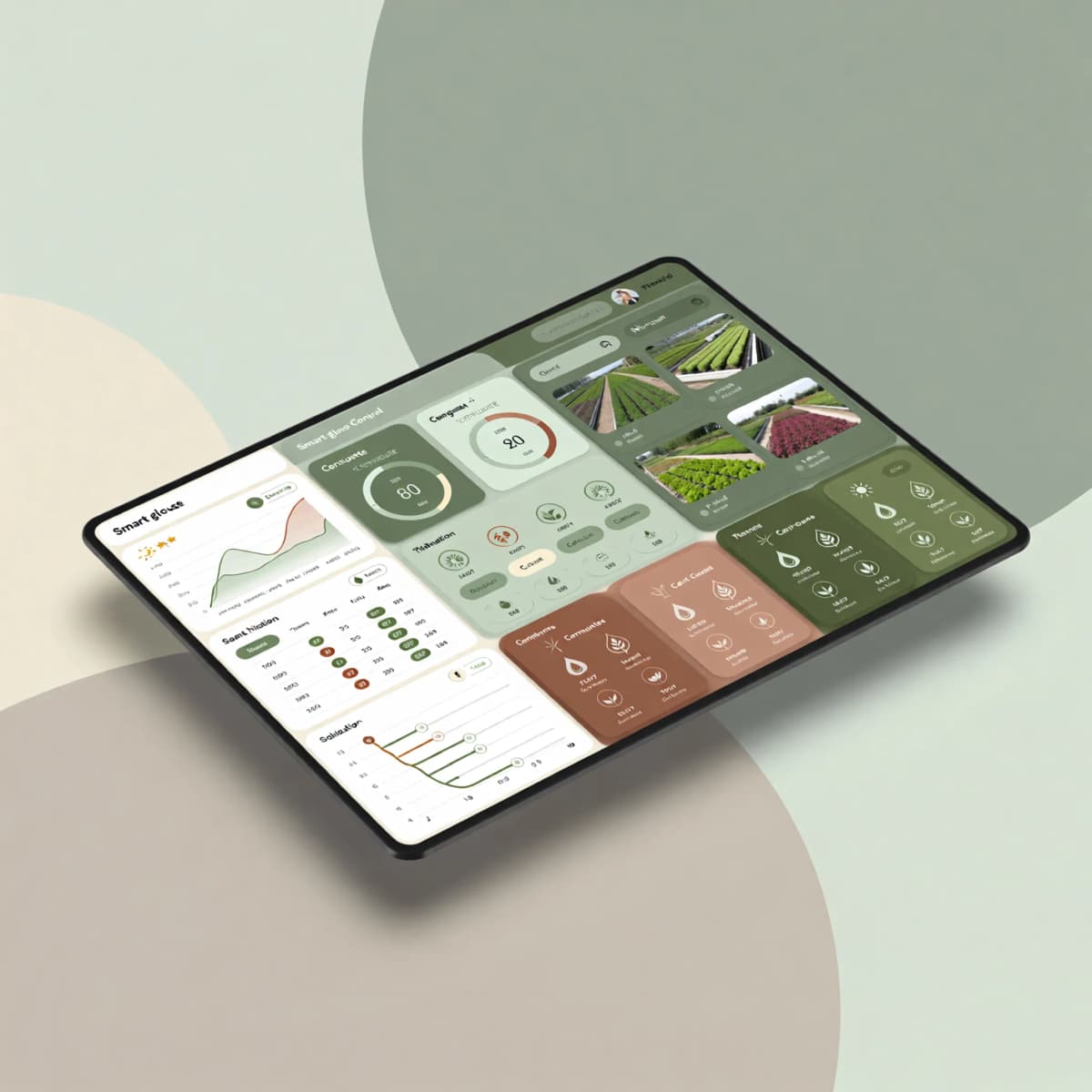 Isometric UI/UX mockup of a smart greenhouse control dashboard showing real-time climate graphs, hum