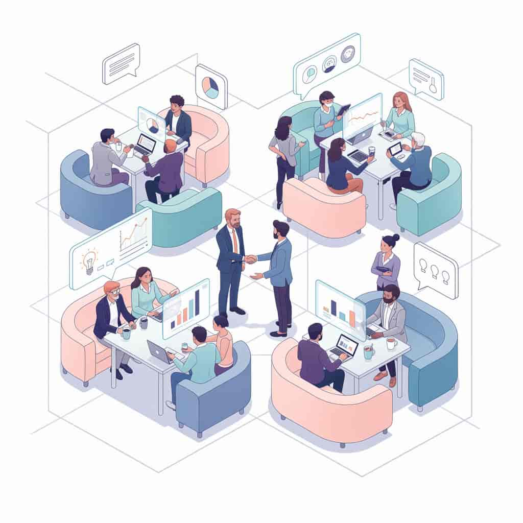 Isometric vector illustration of a futuristic coworking space with modular furniture, people network
