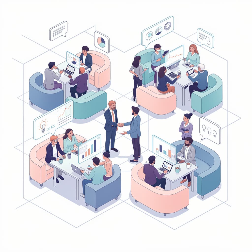 Isometric vector illustration of a futuristic coworking space with modular furniture, people network