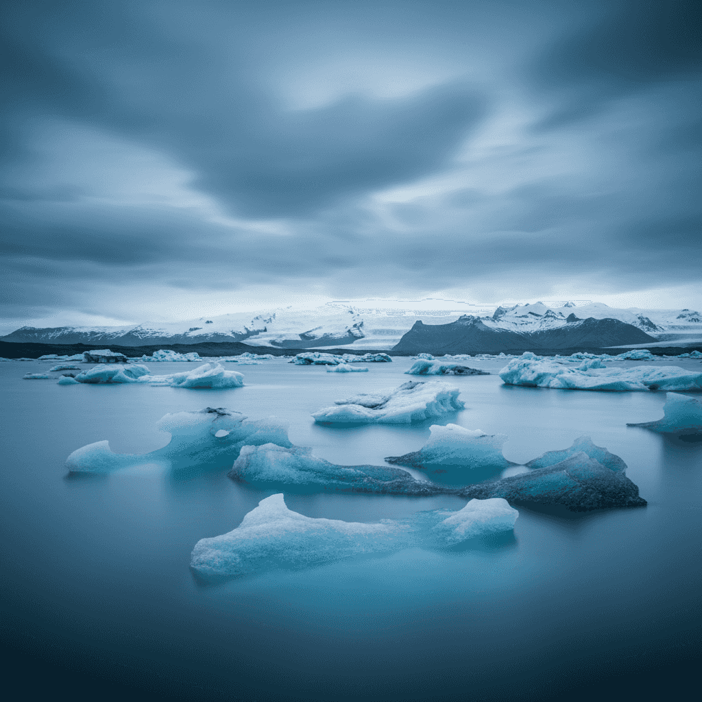 Landscape photograph of an arctic glacial lagoon at blue hour: scattered icebergs with turquoise ice