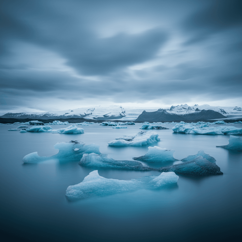 Landscape photograph of an arctic glacial lagoon at blue hour: scattered icebergs with turquoise ice