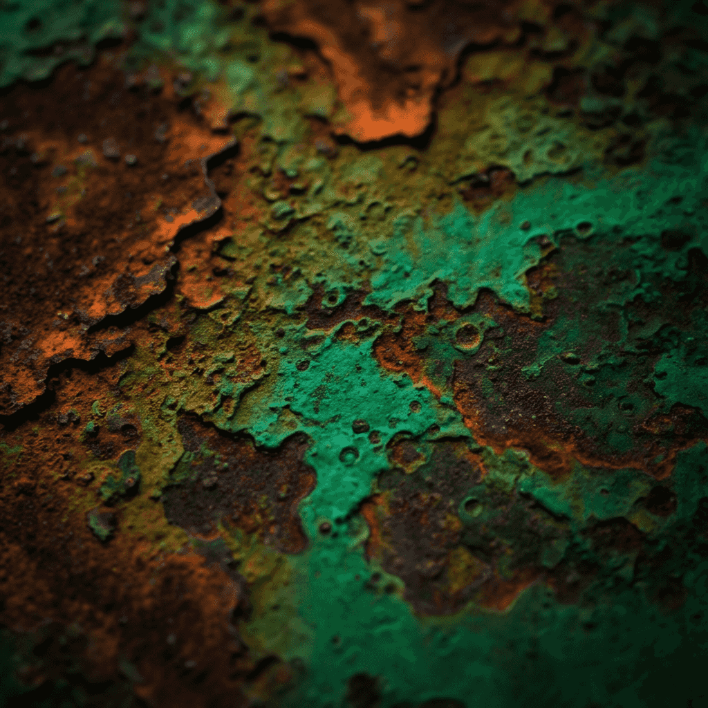 Macro abstract photograph of oxidized metal surfaces forming fractal-like patina patterns in vibrant