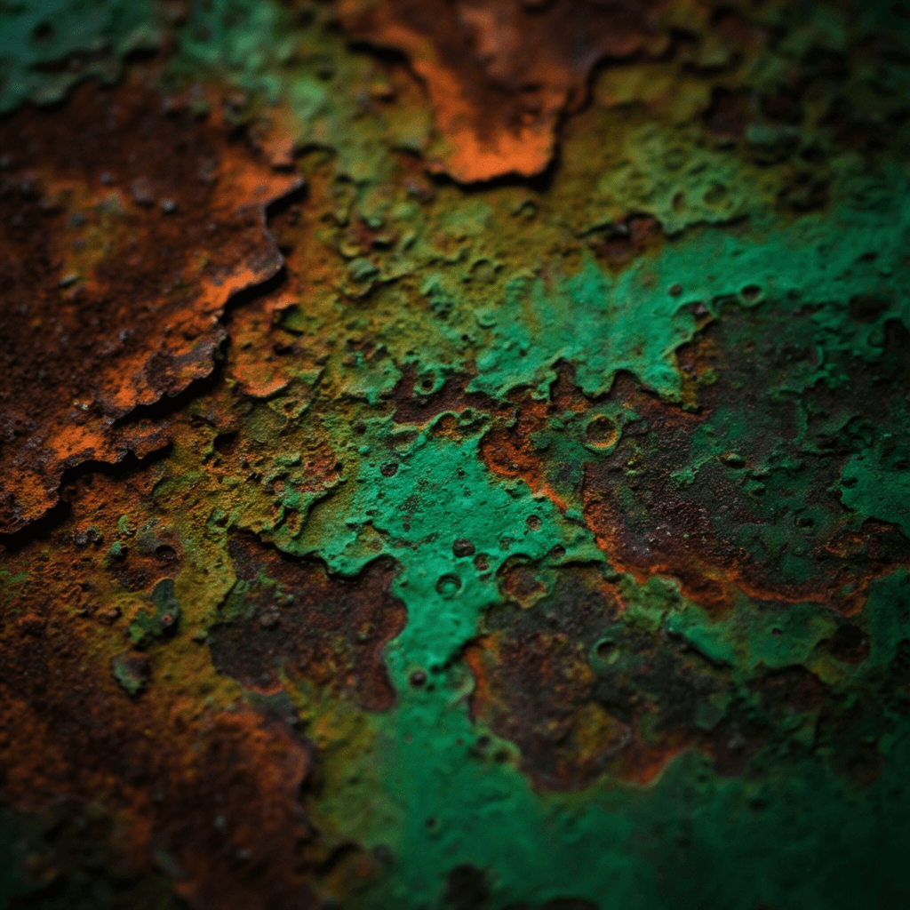Macro abstract photograph of oxidized metal surfaces forming fractal-like patina patterns in vibrant