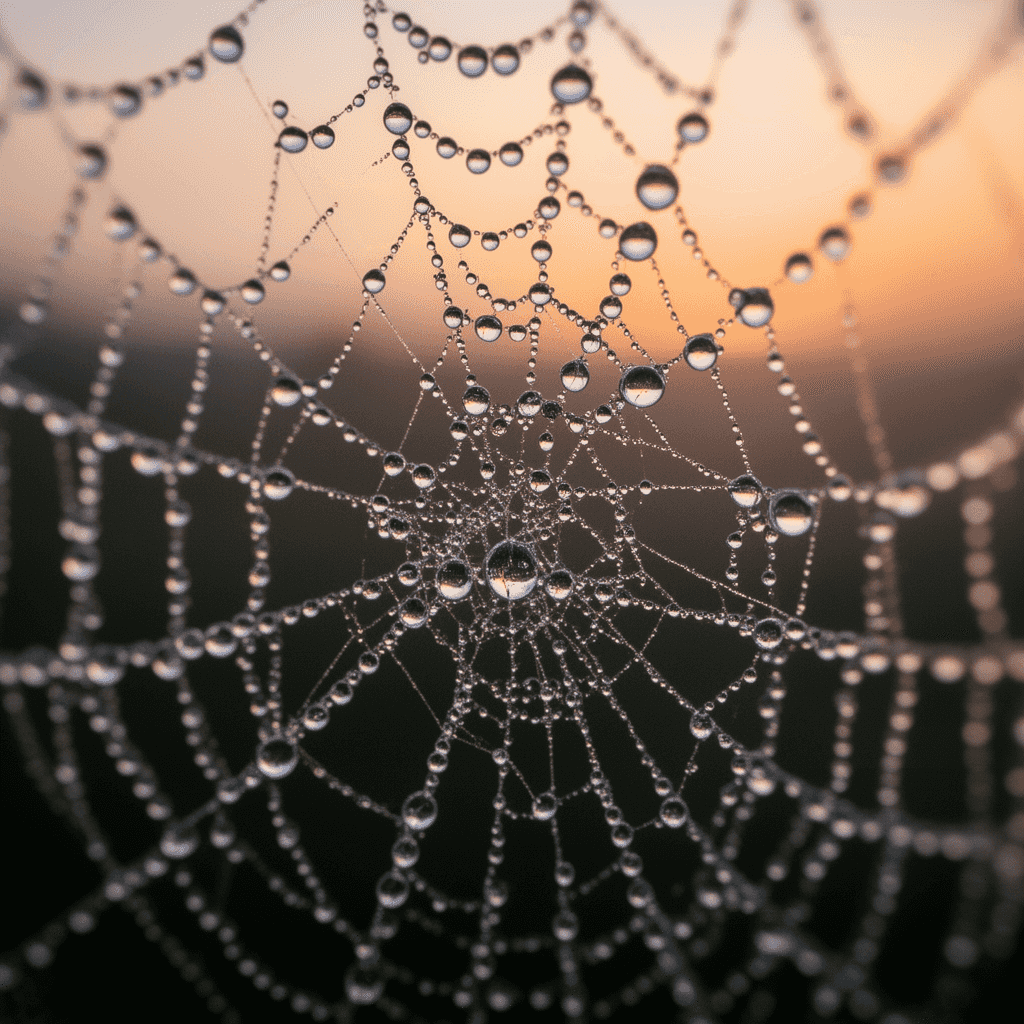 Macro photograph of a dew-covered spider web at dawn: extreme close-up showing crystalline water dro
