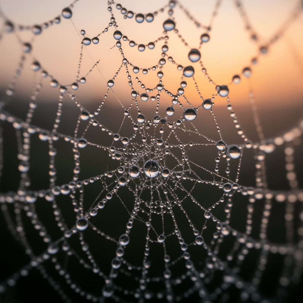 Macro photograph of a dew-covered spider web at dawn: extreme close-up showing crystalline water dro