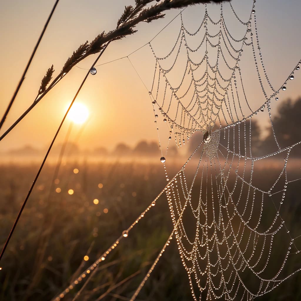 Macro photograph of a dew-covered spiderweb at sunrise, extreme close-up showing crystalline water d