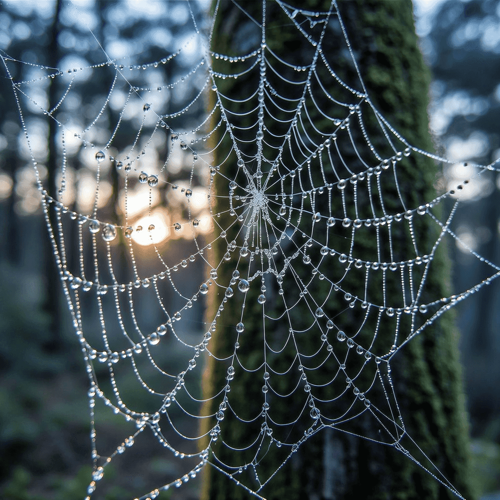 Macro photograph of an intricate dew-covered spiderweb in a forest clearing at dawn, backlit droplet