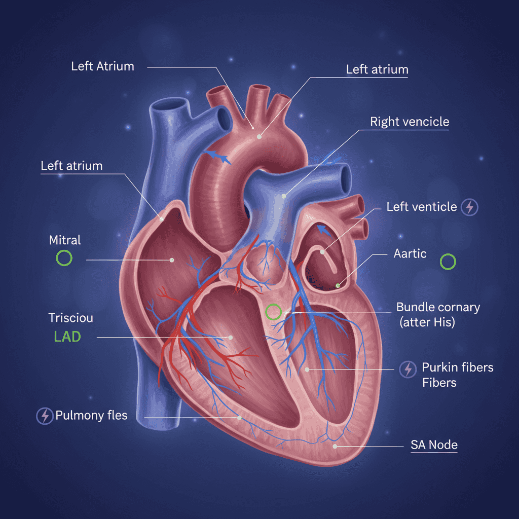 Medical illustration: highly detailed full-color anatomical rendering of the human heart in cross-se