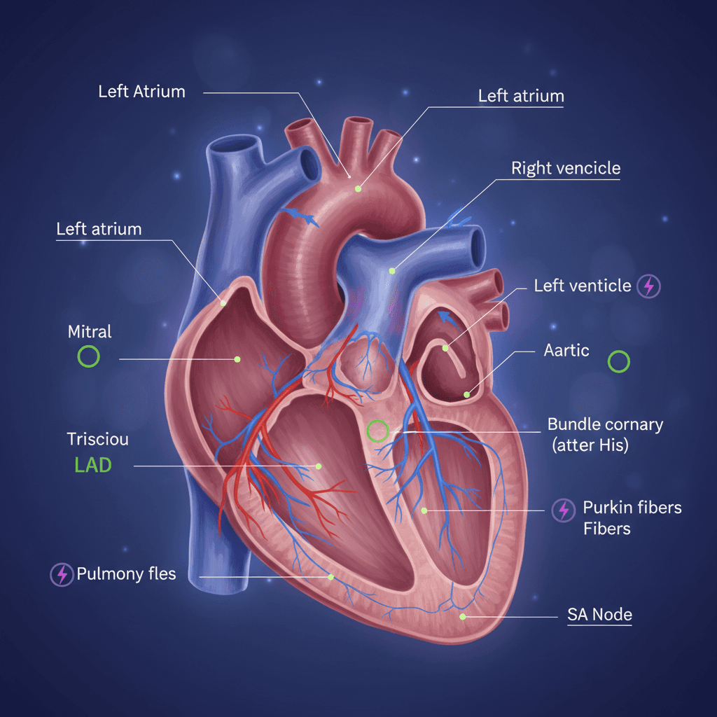 Medical illustration: highly detailed full-color anatomical rendering of the human heart in cross-se
