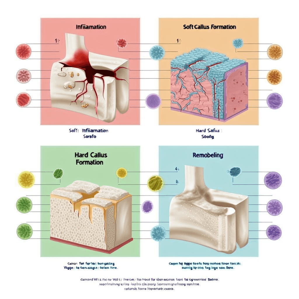 Medical illustration infographic showing stages of bone healing after fracture in four sequential pa