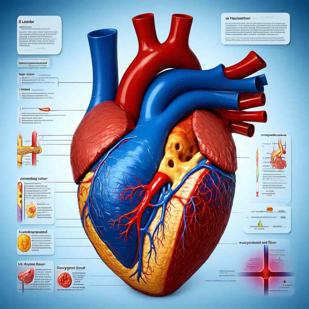 Medical infographic: cross-sectional 3D-rendered diagram of the human heart showing chambers and val