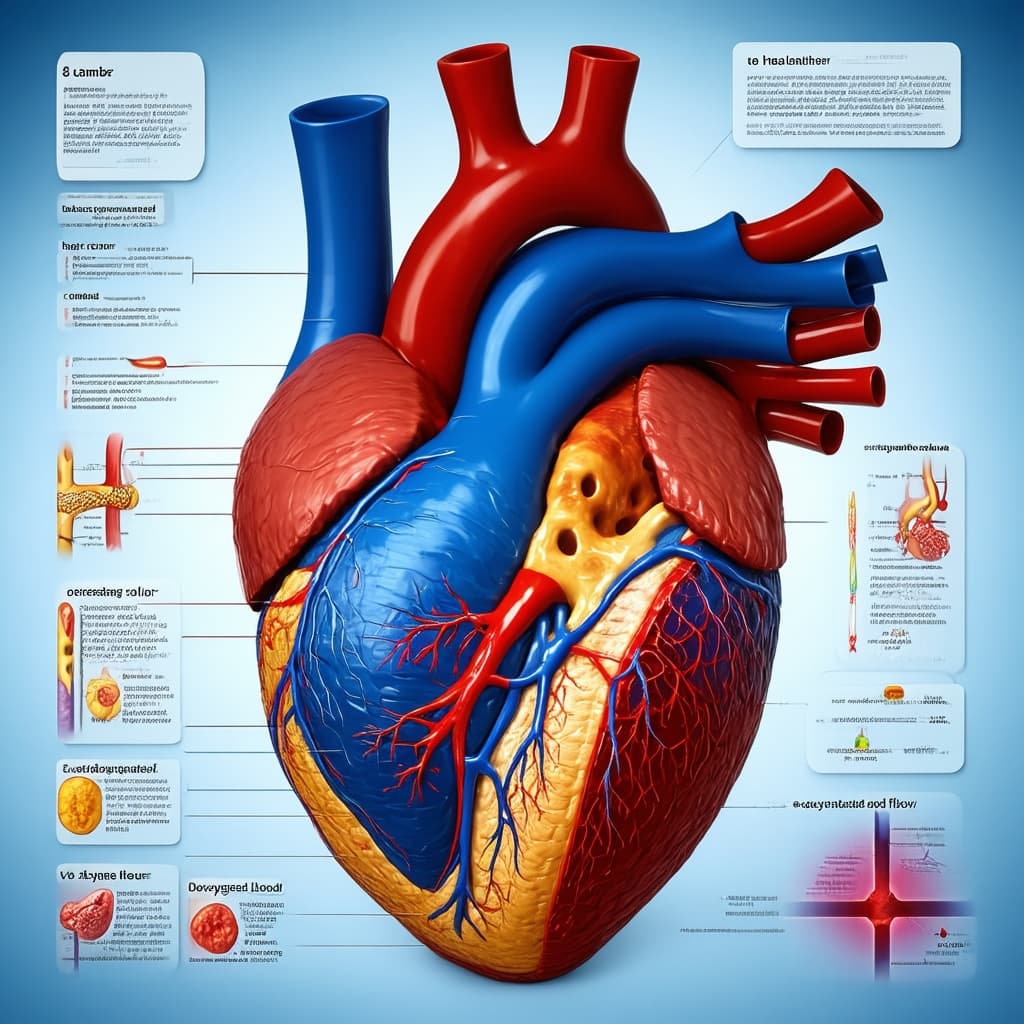 Medical infographic: cross-sectional 3D-rendered diagram of the human heart showing chambers and val