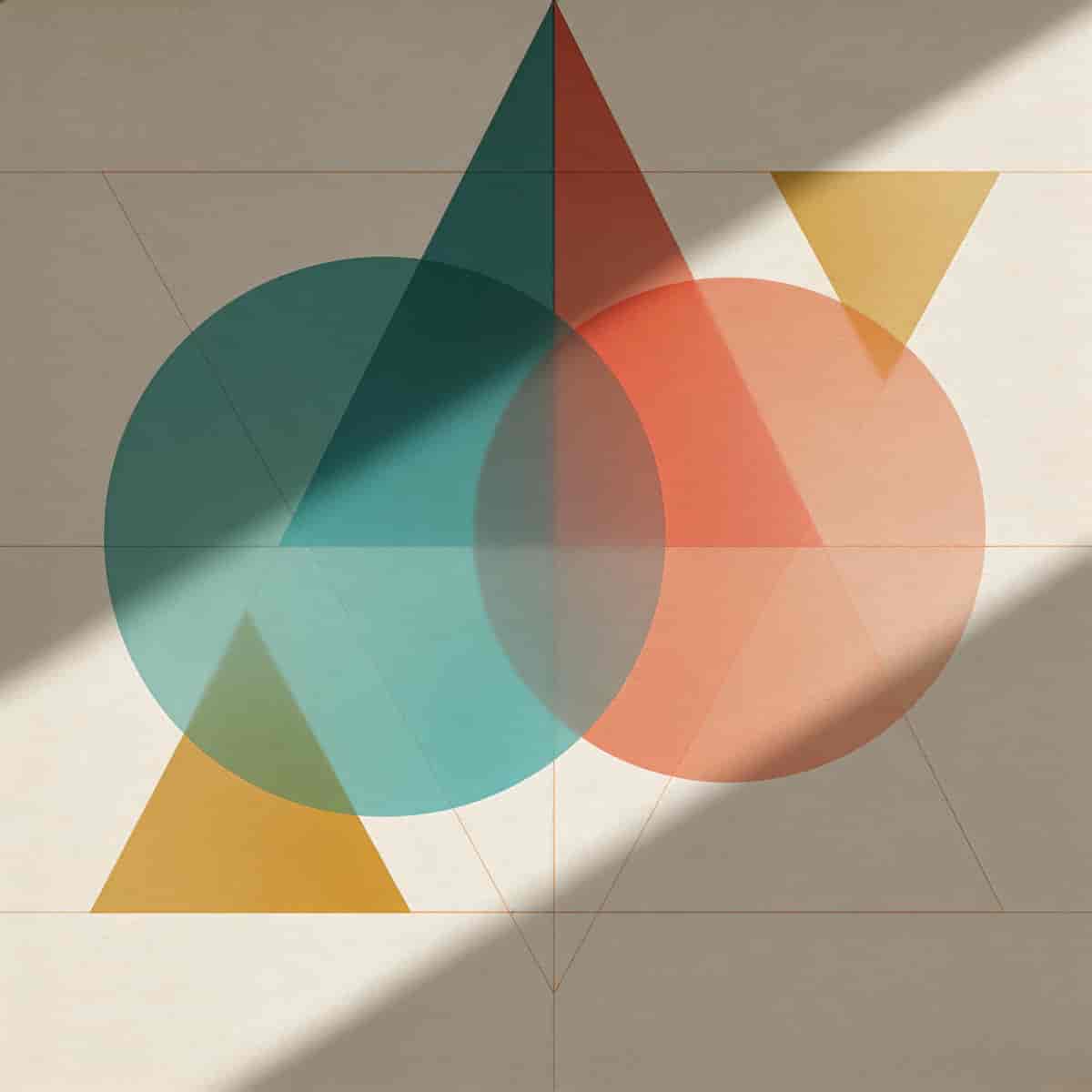 Minimalist abstract digital composition of overlapping translucent circles and sharp triangles in te