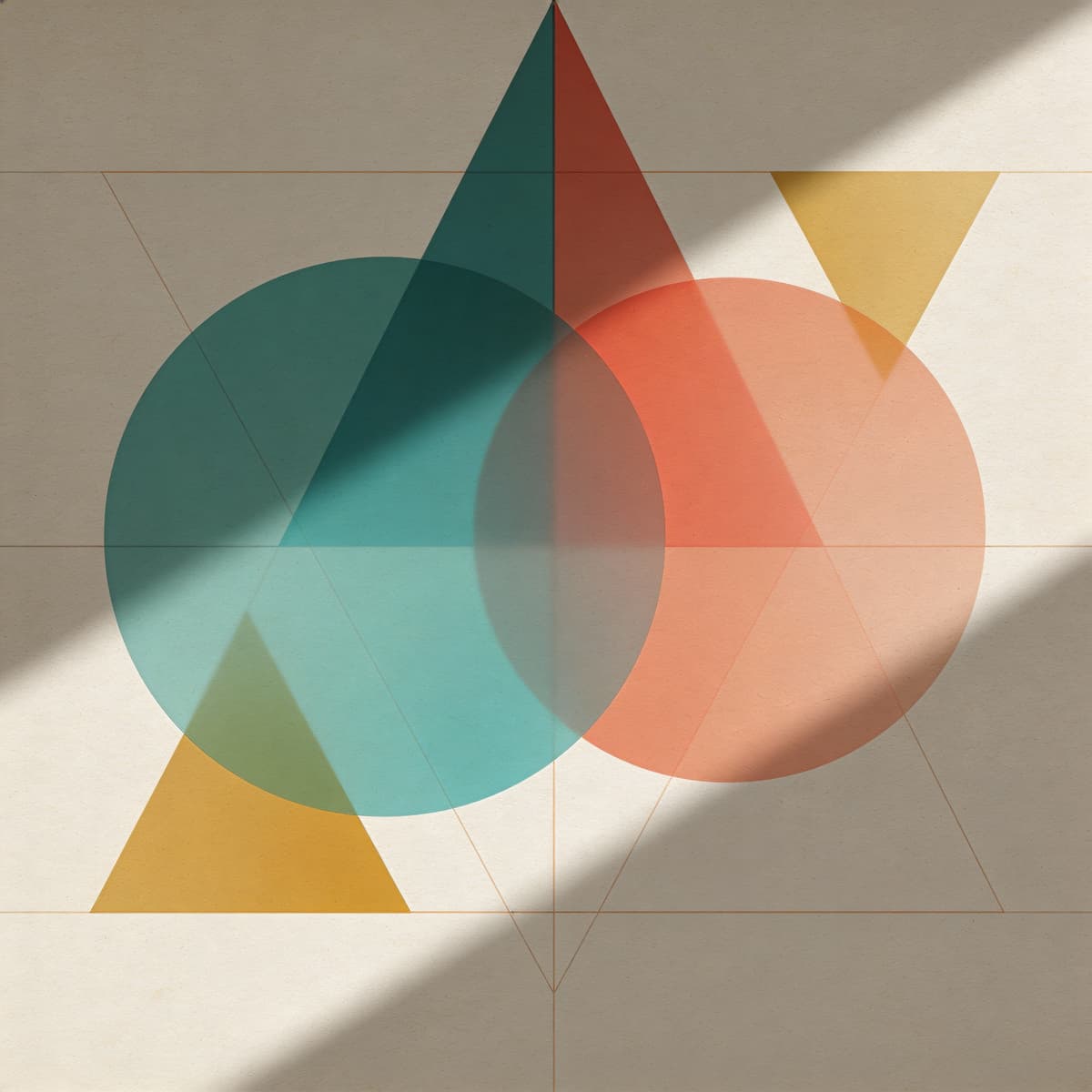 Minimalist abstract digital composition of overlapping translucent circles and sharp triangles in te