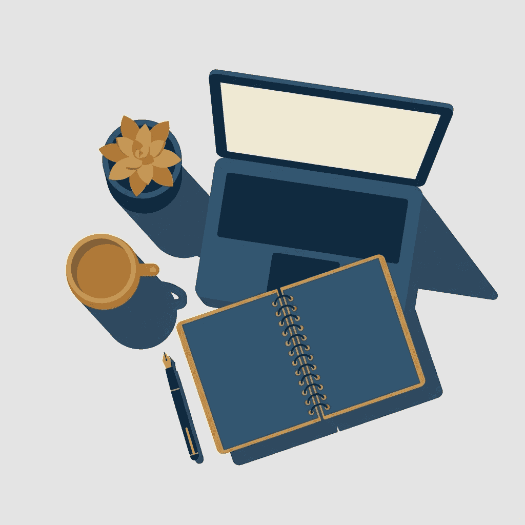 Minimalist editorial flat-lay illustration of a cluttered home workspace: laptop, ceramic mug, spira