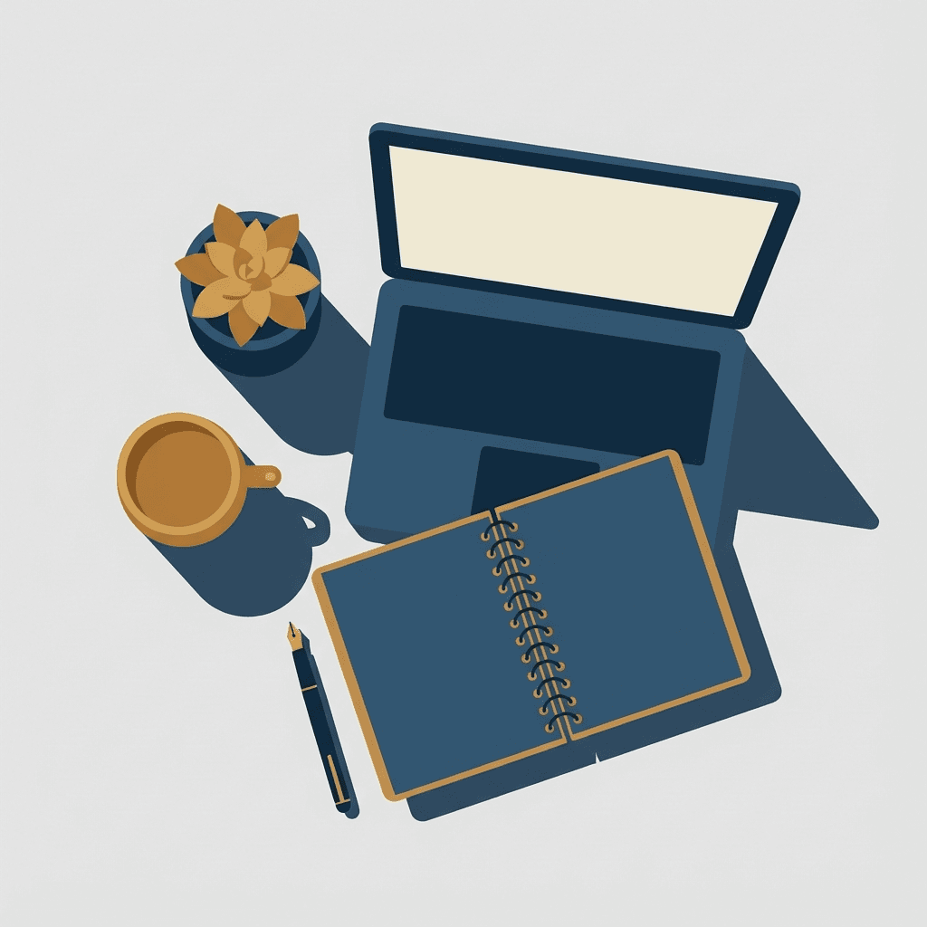 Minimalist editorial flat-lay illustration of a cluttered home workspace: laptop, ceramic mug, spira