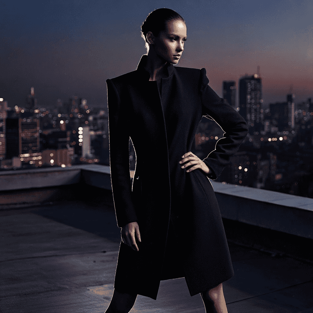 Minimalist fashion editorial photograph on an urban rooftop at dusk: model wearing a structured mono