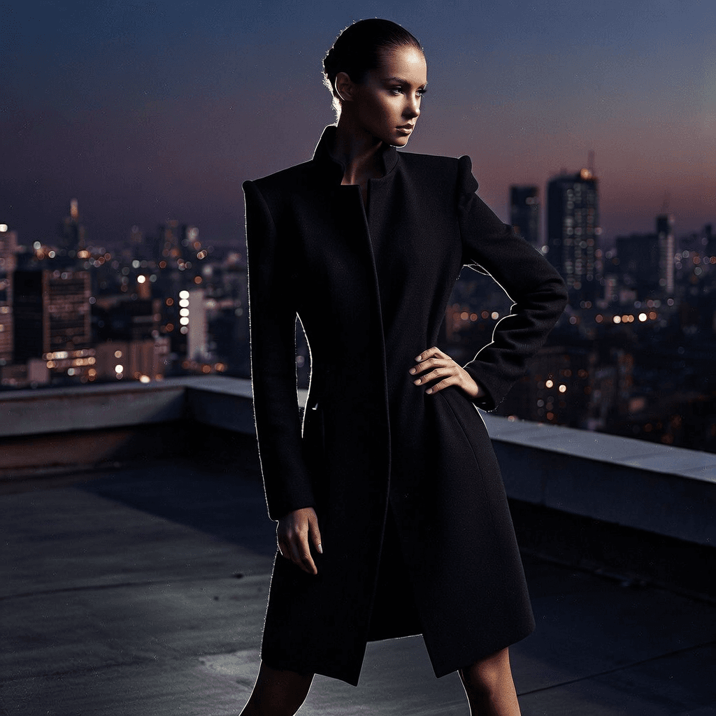 Minimalist fashion editorial photograph on an urban rooftop at dusk: model wearing a structured mono