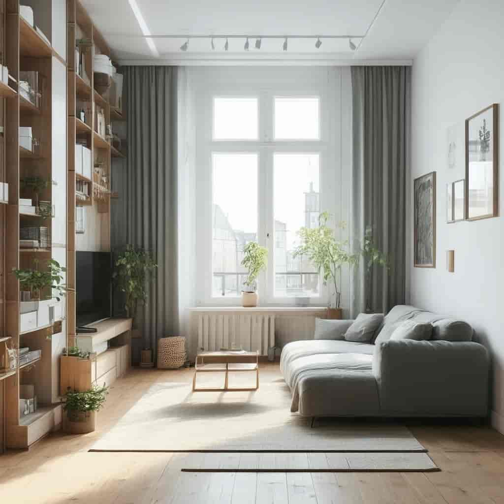 Minimalist interior design render of a compact urban studio apartment with multifunctional furniture