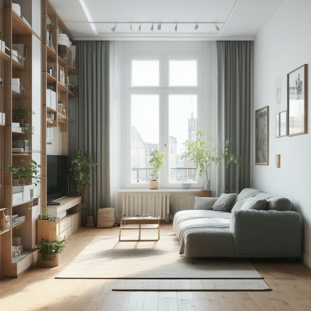 Minimalist interior design render of a compact urban studio apartment with multifunctional furniture