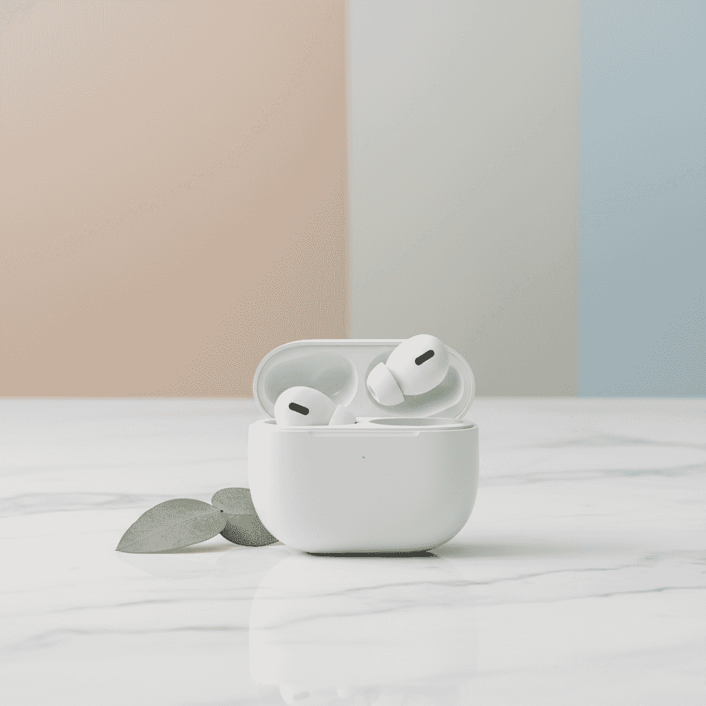 Minimalist product shot of compact wireless earbuds inside an open charging case on a white marble s