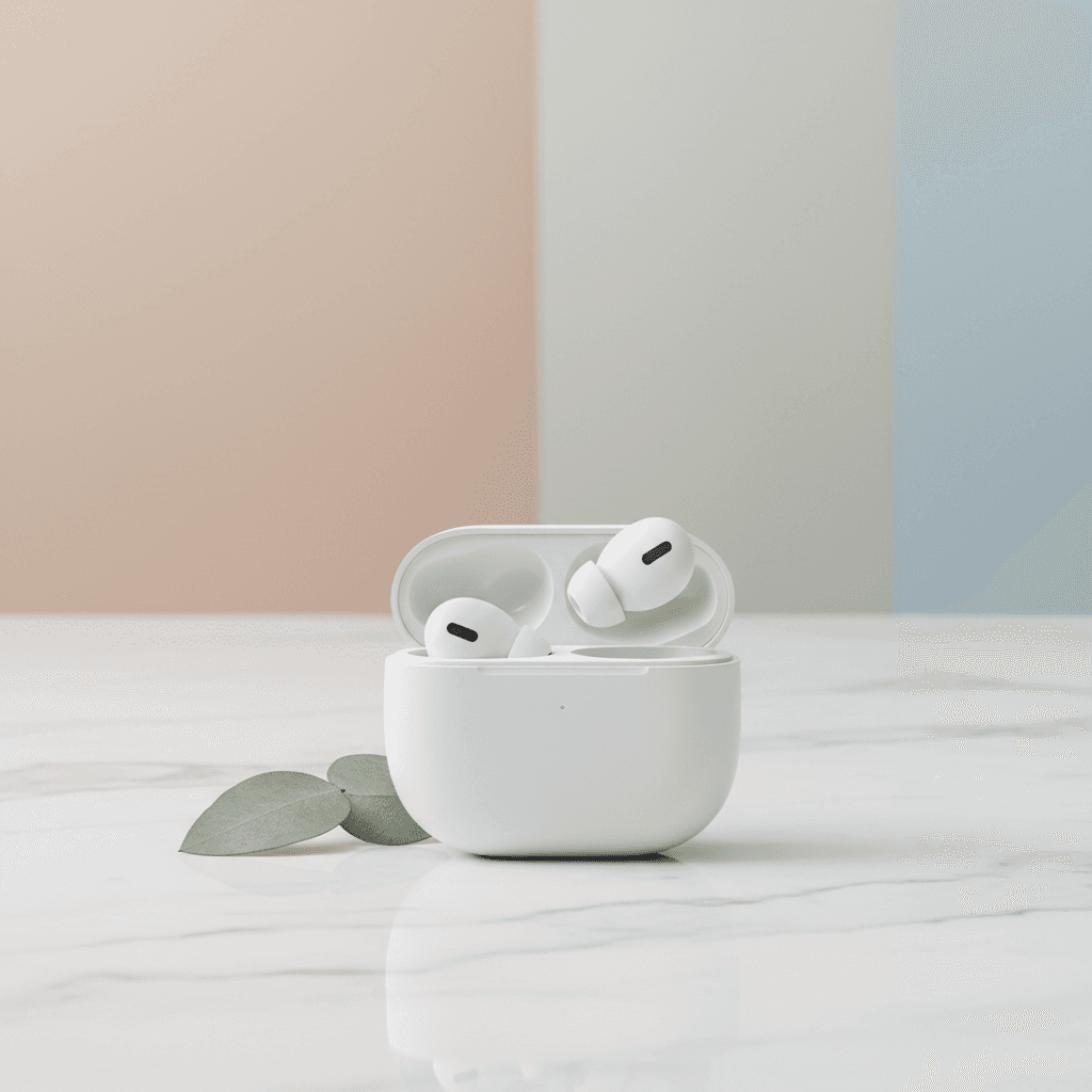 Minimalist product shot of compact wireless earbuds inside an open charging case on a white marble s