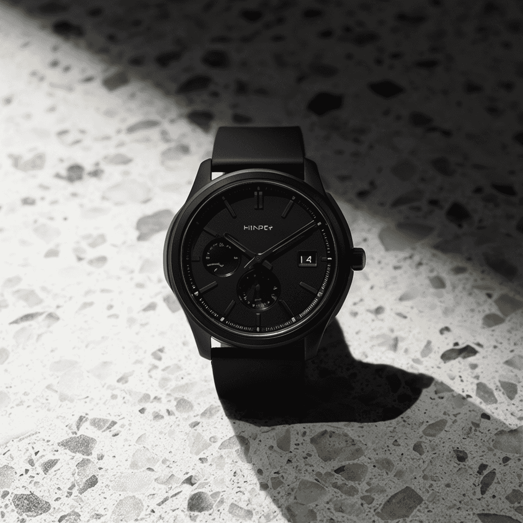 Minimalist studio product photograph of a matte-black mechanical wristwatch on a terrazzo slab, thre