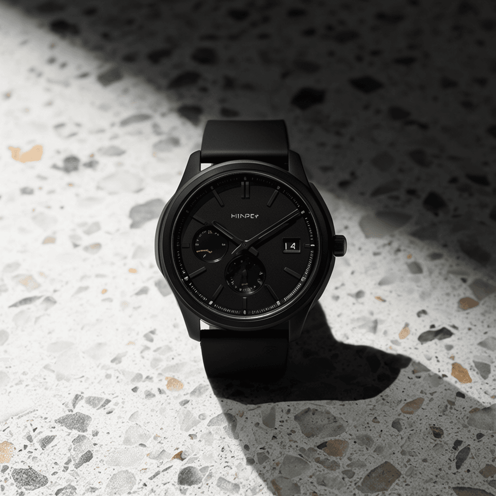 Minimalist studio product photograph of a matte-black mechanical wristwatch on a terrazzo slab, thre