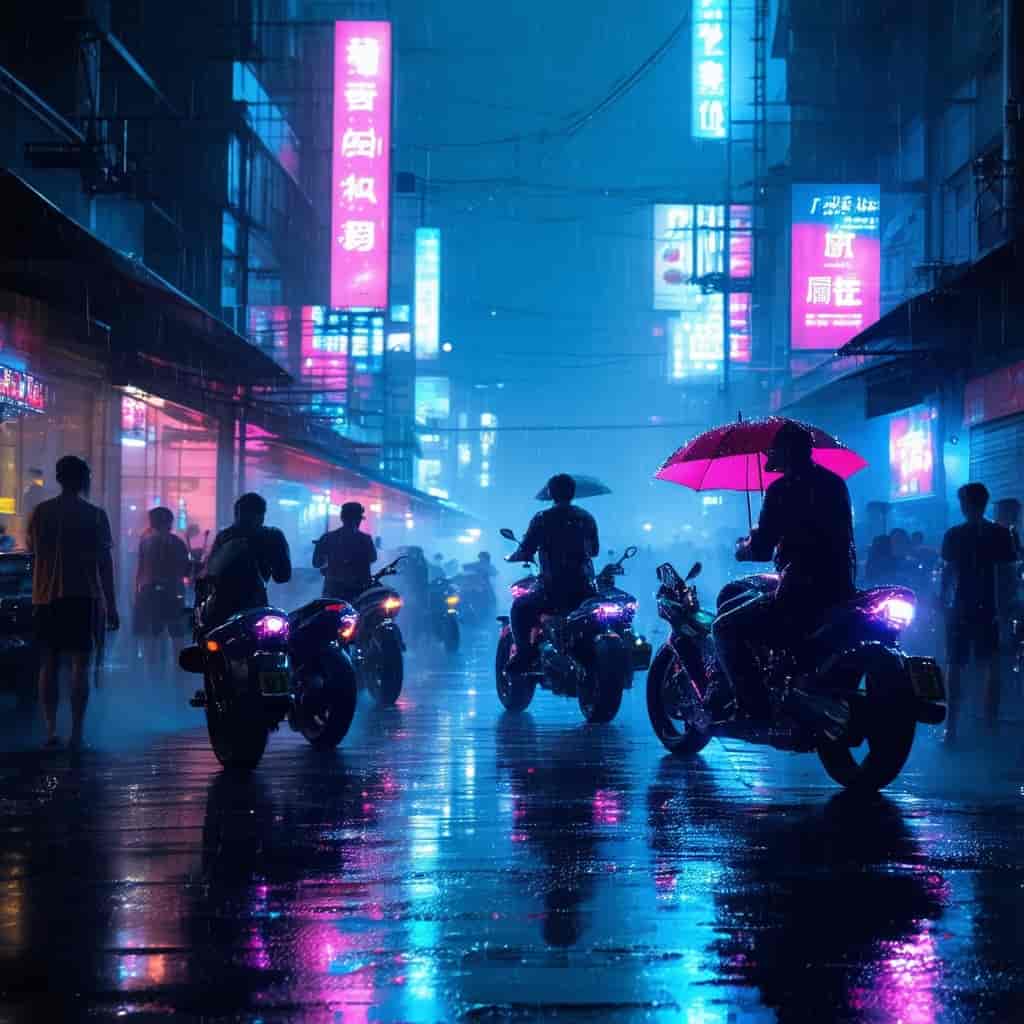 Neon cyberpunk street scene at night with rain-slick pavement reflecting holographic signage, crowds