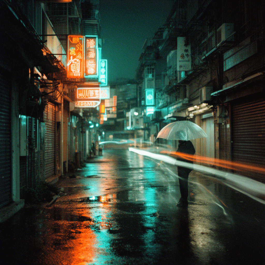 Night street photograph of a narrow rain-slicked alley in an urban district: neon signs reflecting i