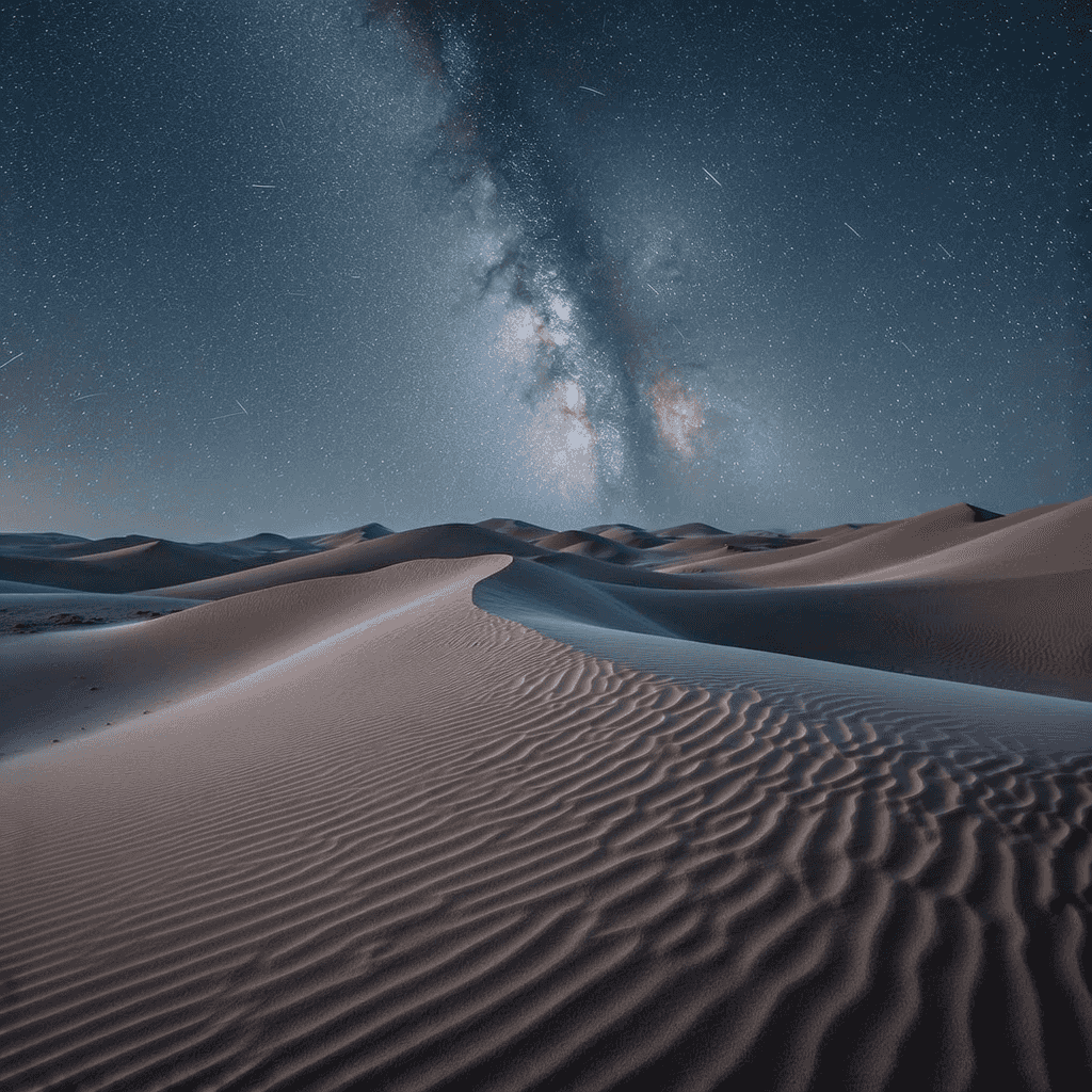Nighttime landscape long-exposure photograph of a windswept desert under the Milky Way: a leading ri