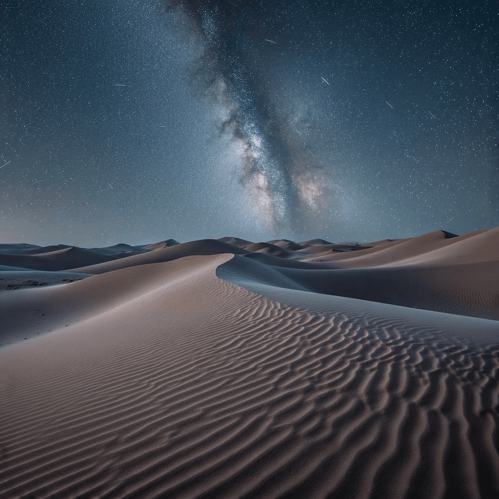 Nighttime landscape long-exposure photograph of a windswept desert under the Milky Way: a leading ri