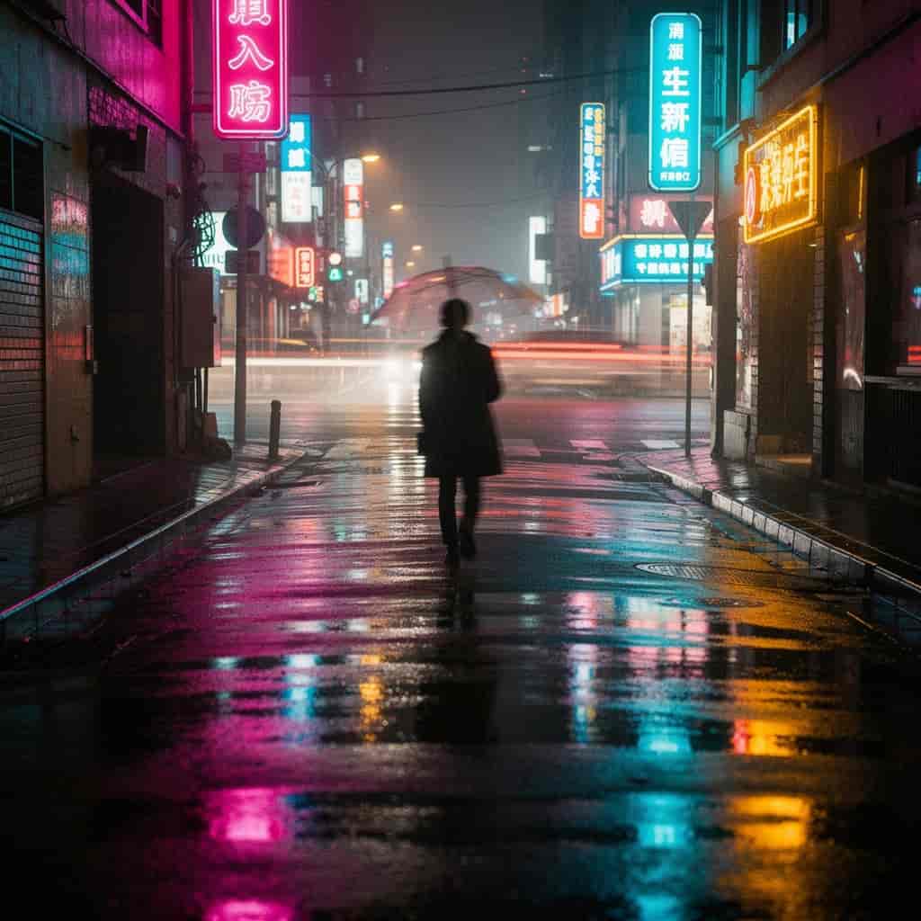 Nighttime street photograph of a neon-lit wet alley reflecting multicolored signs, a solitary figure