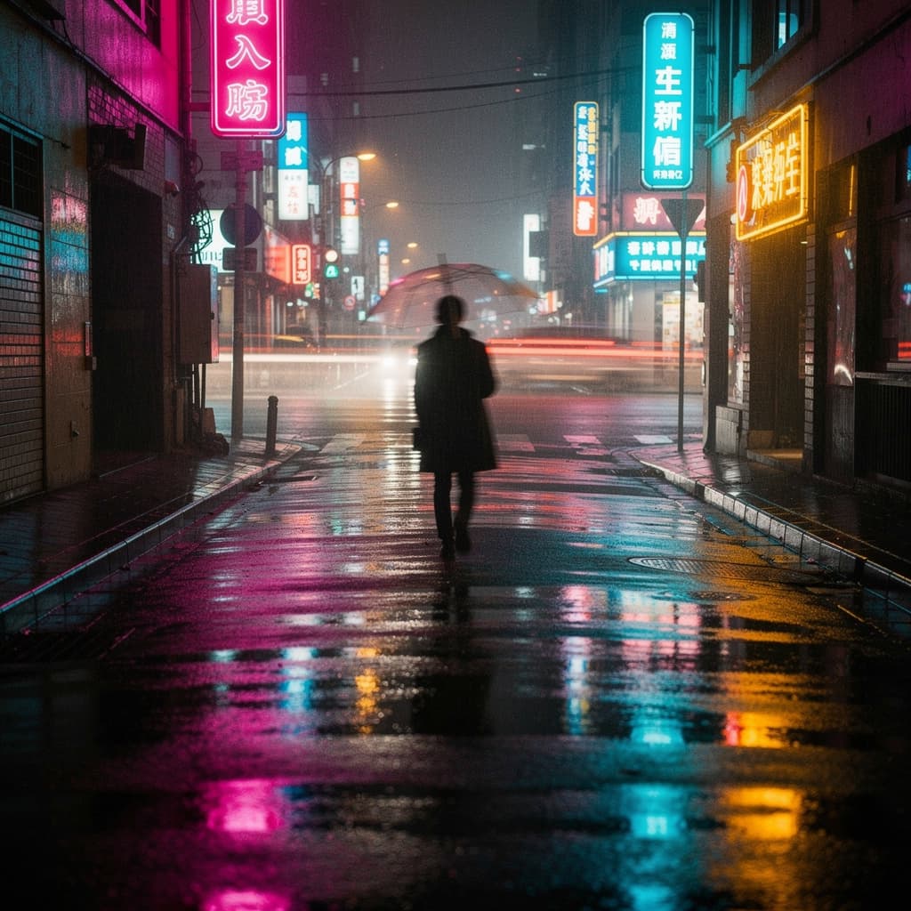 Nighttime street photograph of a neon-lit wet alley reflecting multicolored signs, a solitary figure