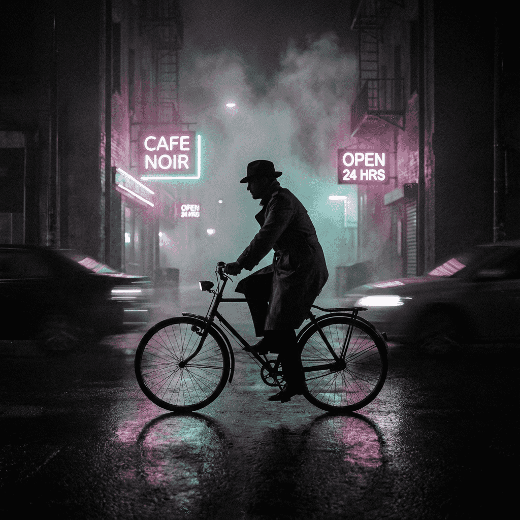 Noir-style night city street photograph: narrow wet alley lit by neon signs, foggy air, solitary cyc