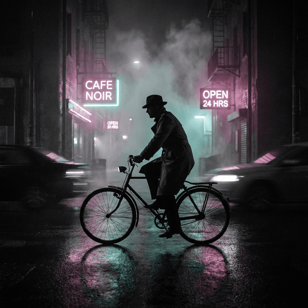 Noir-style night city street photograph: narrow wet alley lit by neon signs, foggy air, solitary cyc