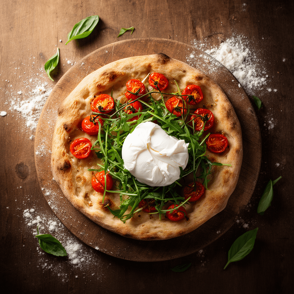 Overhead food photography of a rustic sourdough flatbread topped with roasted cherry tomatoes, arugu