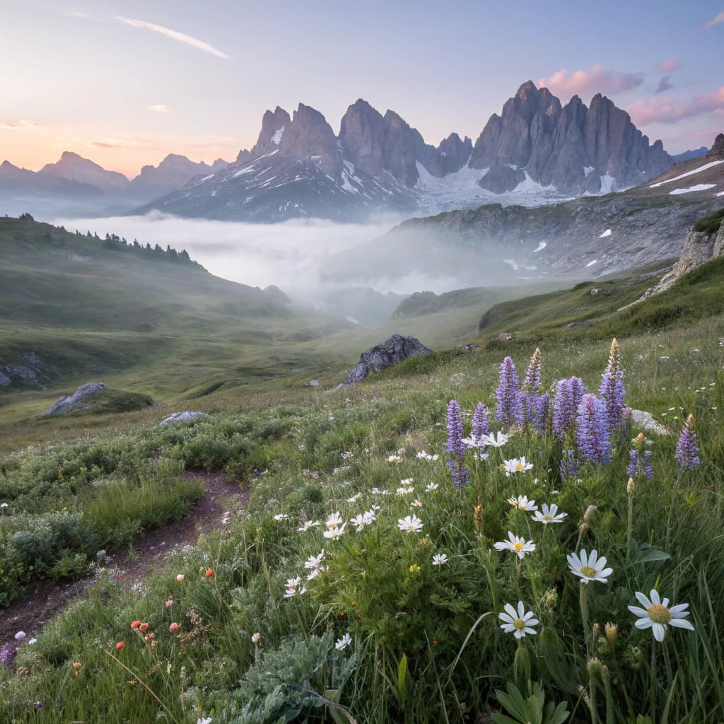 Panoramic alpine landscape at dawn with layers of mist rolling through a wildflower meadow, foregrou