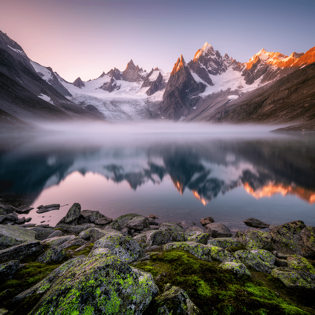 Panoramic landscape photograph of a glacial alpine lake at sunrise: mirror-smooth water reflecting j