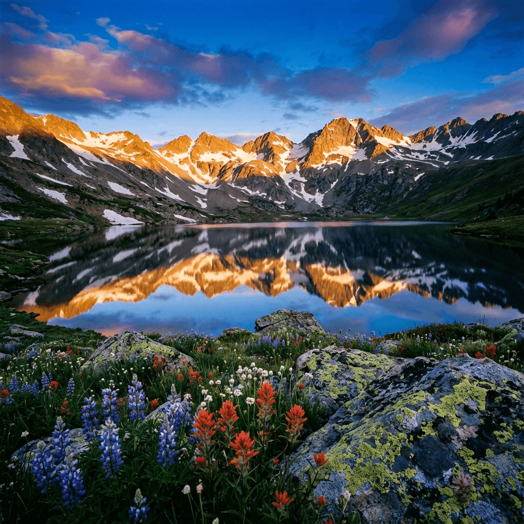 Panoramic landscape photograph of an alpine lake at sunrise, crystal-clear mirror reflection of jagg