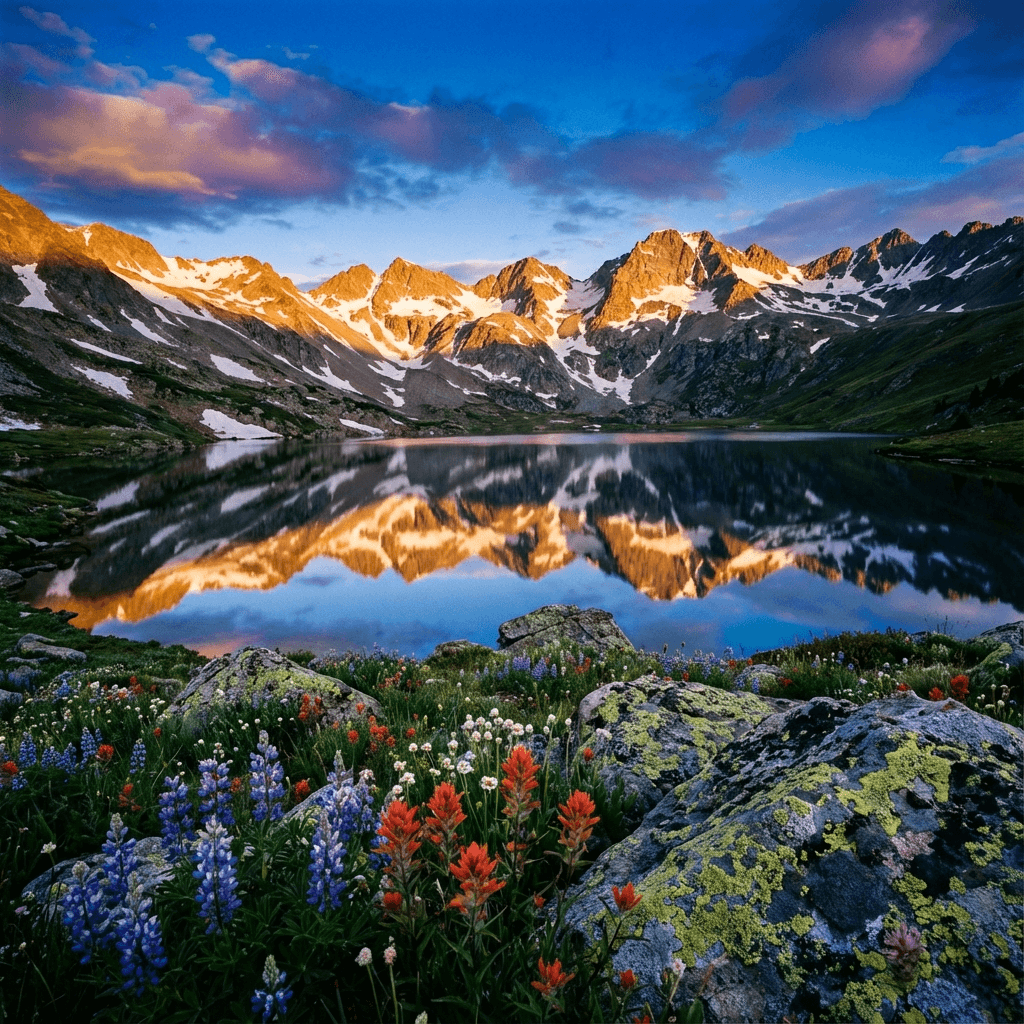 Panoramic landscape photograph of an alpine lake at sunrise, crystal-clear mirror reflection of jagg