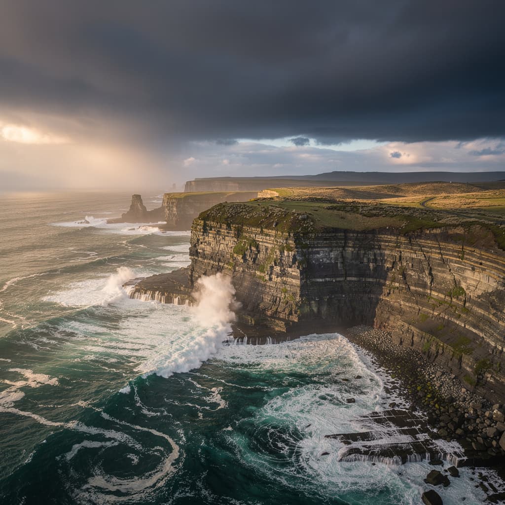 Panoramic landscape photograph of windswept coastal cliffs with layered sedimentary rock, turquoise