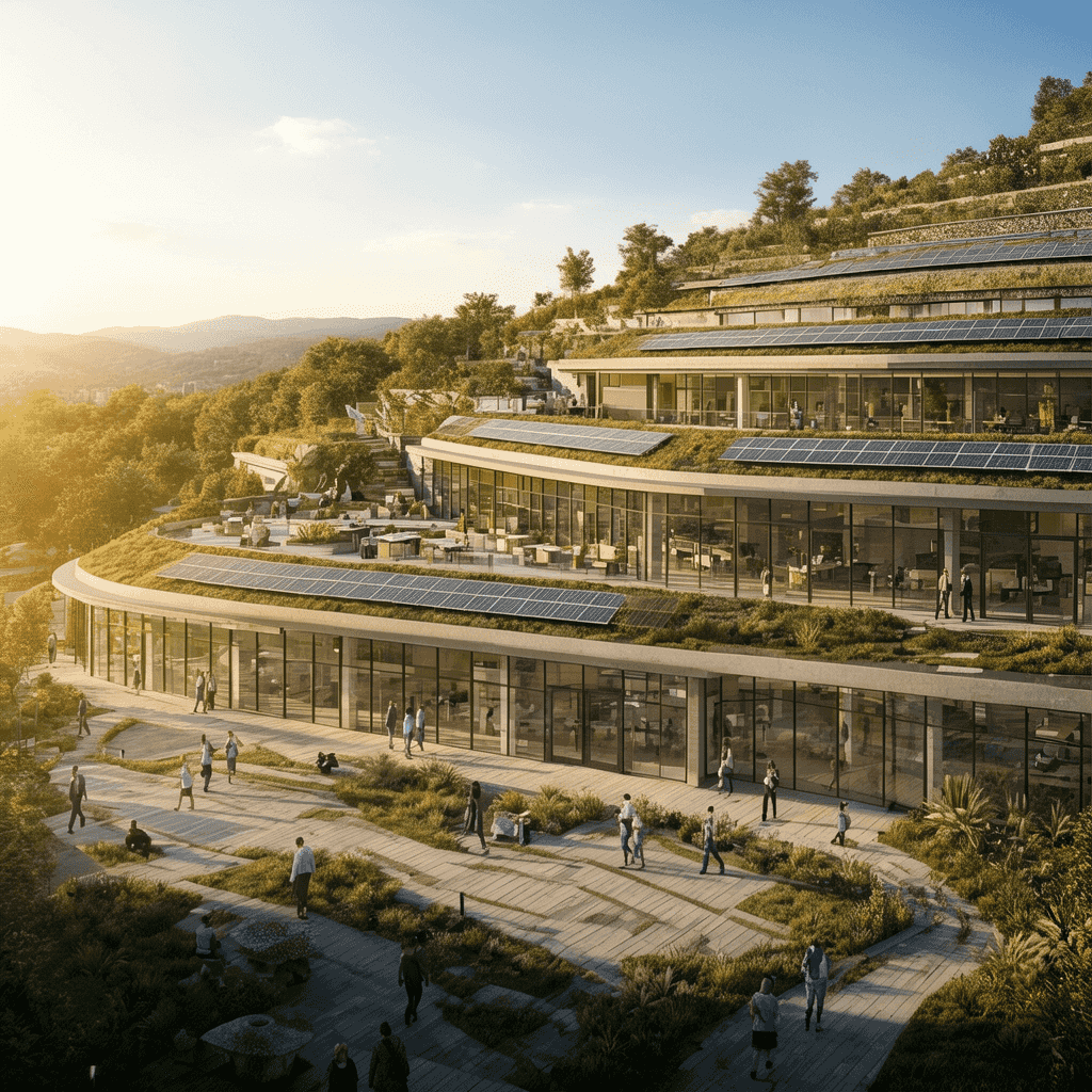 Photoreal architectural exterior render of a sustainable co-working campus built into a hillside, ti