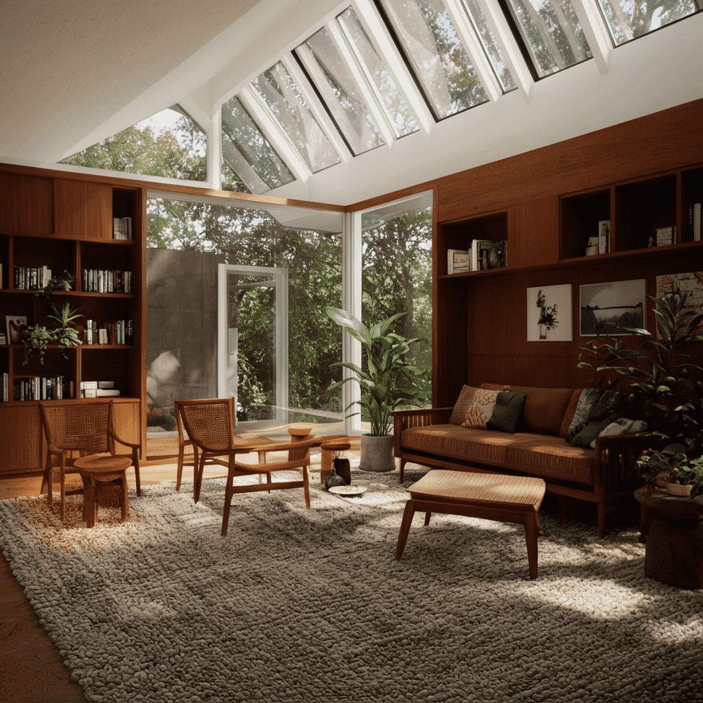 Photoreal interior architectural render of a mid-century modern living room with large clerestory wi