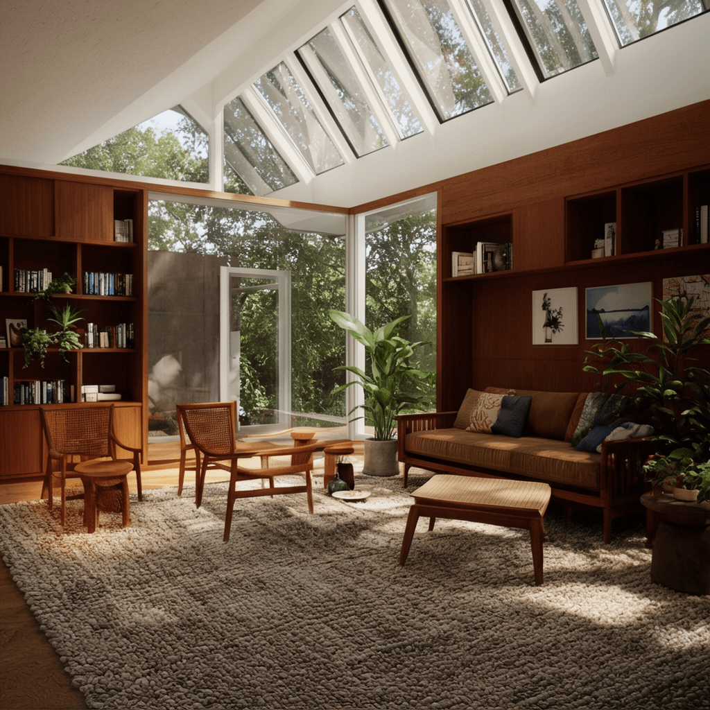 Photoreal interior architectural render of a mid-century modern living room with large clerestory wi