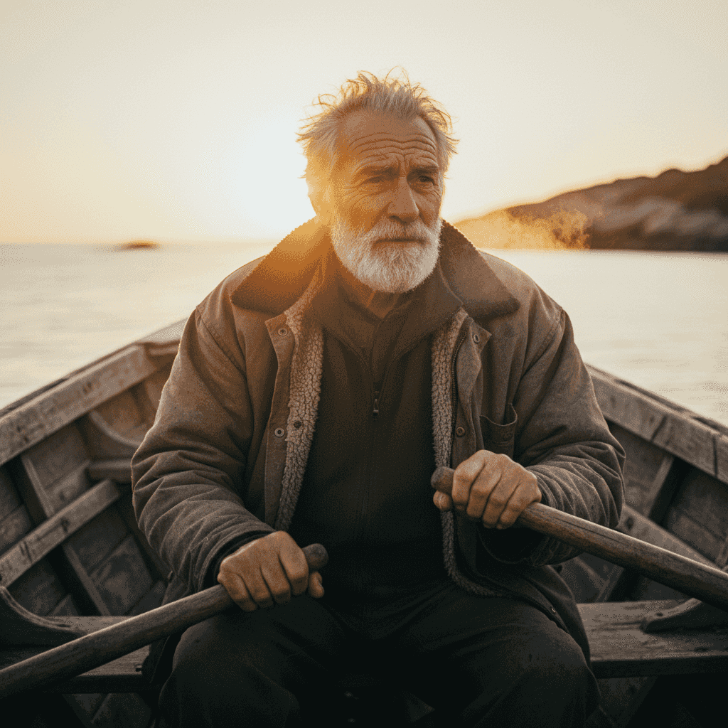 Photorealistic golden-hour portrait of an elderly fisherman sitting on the bow of a weathered wooden