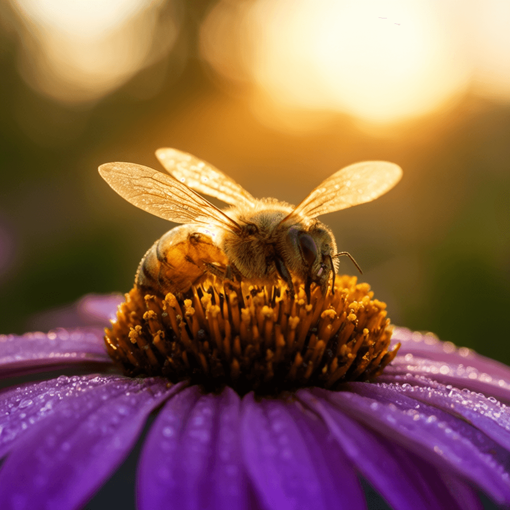 Photorealistic macro photograph of a honeybee collecting pollen on a purple coneflower at sunrise, e