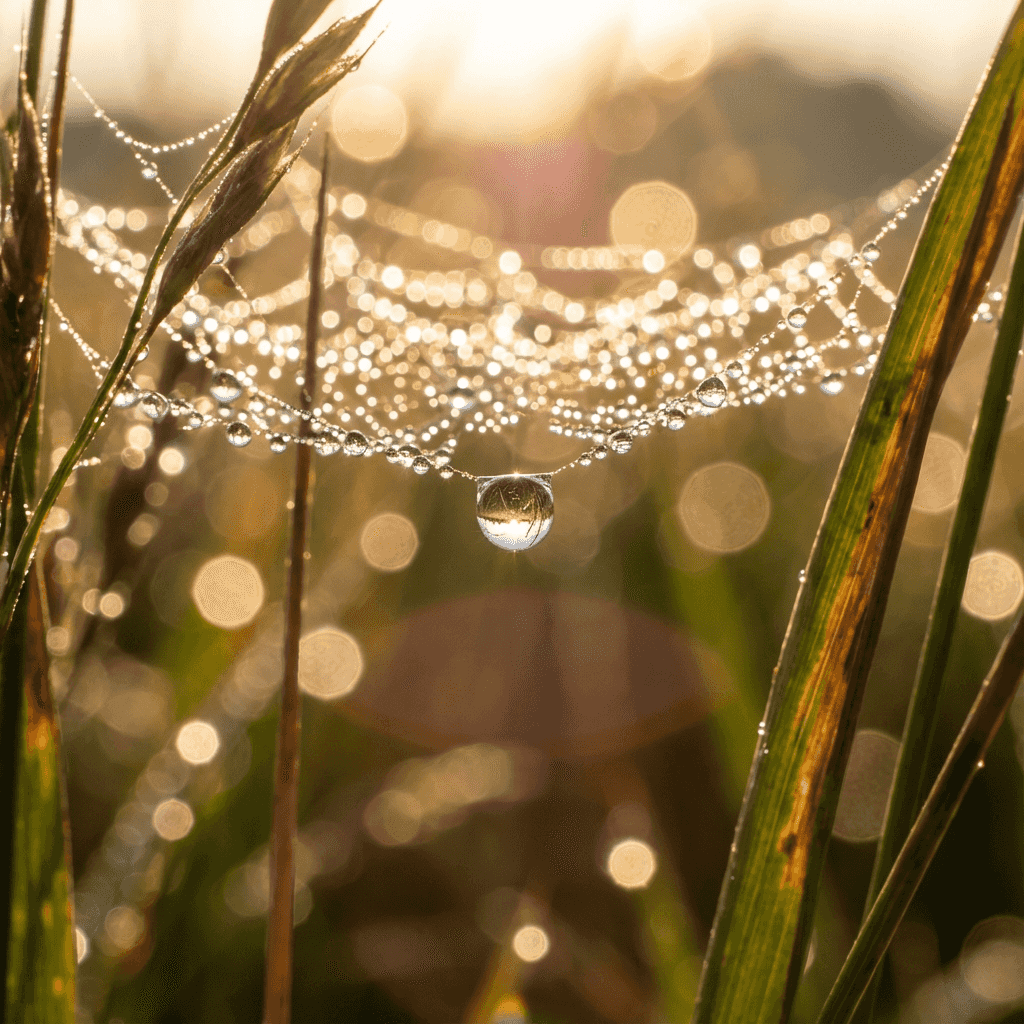 Photorealistic macro photograph of morning dew droplets on a spider web strung between wild grasses,