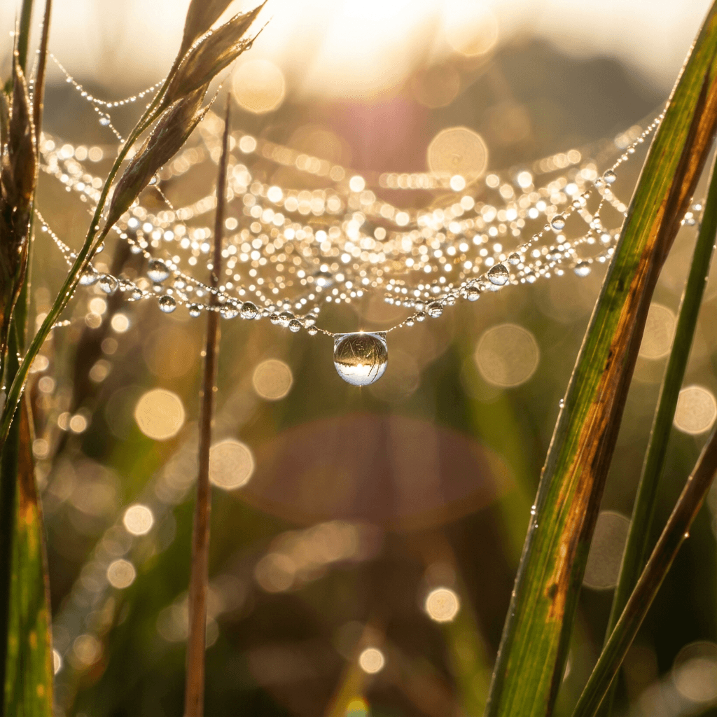 Photorealistic macro photograph of morning dew droplets on a spider web strung between wild grasses,